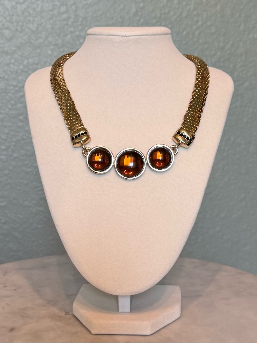 WHITING & DAVIS VINTAGE MESH & AMBER STATEMENT NECKLACE